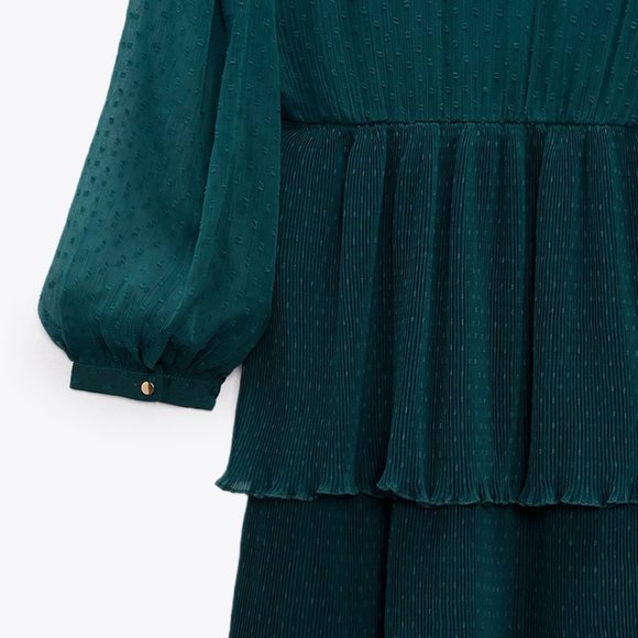 NEW Zara Teal Green Swiss Dot Mesh Surplice V Neck Ruffle Pleated Mini Dress M - Picture 7 of 11